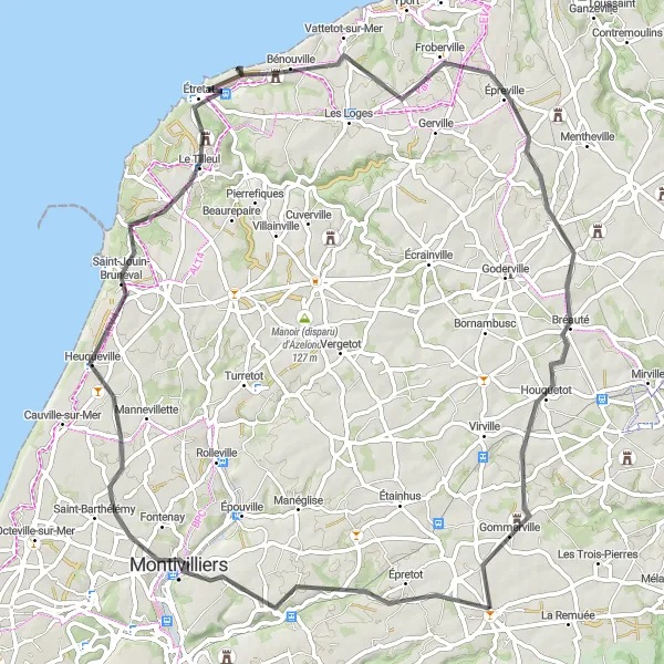 Map miniature of "Mounitvilliers to Étretat" cycling inspiration in Haute-Normandie, France. Generated by Tarmacs.app cycling route planner