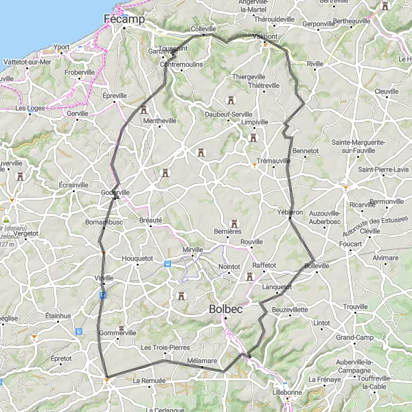 Miniature de la carte de l'inspiration cycliste "Parcours de Goderville à Saint-Antoine-la-Forêt" dans la Haute-Normandie, France. Générée par le planificateur d'itinéraire cycliste Tarmacs.app