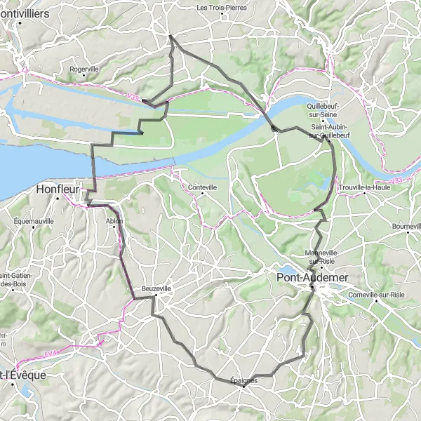 Map miniature of "Road Cycling Route near Saint-Romain-de-Colbosc" cycling inspiration in Haute-Normandie, France. Generated by Tarmacs.app cycling route planner