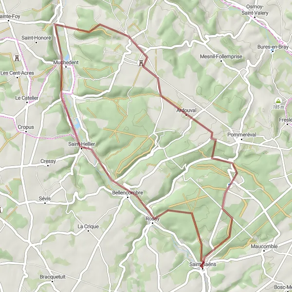 Map miniature of "Gravel Adventure to Saint-Saëns" cycling inspiration in Haute-Normandie, France. Generated by Tarmacs.app cycling route planner