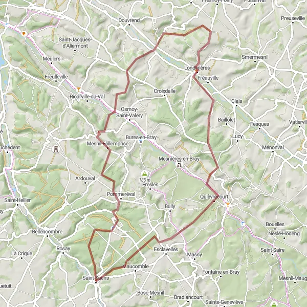 Miniature de la carte de l'inspiration cycliste "Parcours de gravel aventureux près de Saint-Saëns" dans la Haute-Normandie, France. Générée par le planificateur d'itinéraire cycliste Tarmacs.app