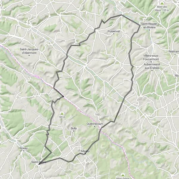 Miniature de la carte de l'inspiration cycliste "Aventure de 85 km en Haute-Normandie" dans la Haute-Normandie, France. Générée par le planificateur d'itinéraire cycliste Tarmacs.app