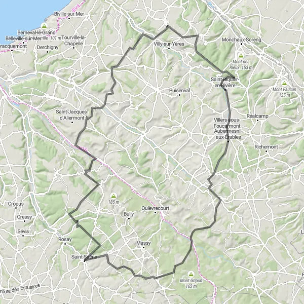 Miniature de la carte de l'inspiration cycliste "Grande boucle de 119 km" dans la Haute-Normandie, France. Générée par le planificateur d'itinéraire cycliste Tarmacs.app