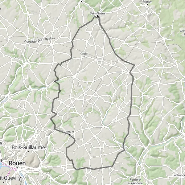 Miniature de la carte de l'inspiration cycliste "Tour authentique de 78 km" dans la Haute-Normandie, France. Générée par le planificateur d'itinéraire cycliste Tarmacs.app