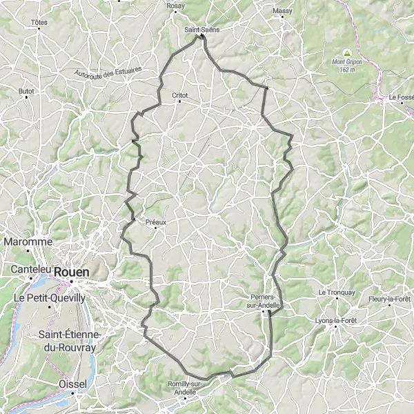 Map miniature of "Rouen to Claville-Motteville Challenge" cycling inspiration in Haute-Normandie, France. Generated by Tarmacs.app cycling route planner