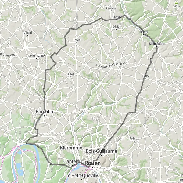 Map miniature of "Rouen to Saint-Saëns Loop" cycling inspiration in Haute-Normandie, France. Generated by Tarmacs.app cycling route planner