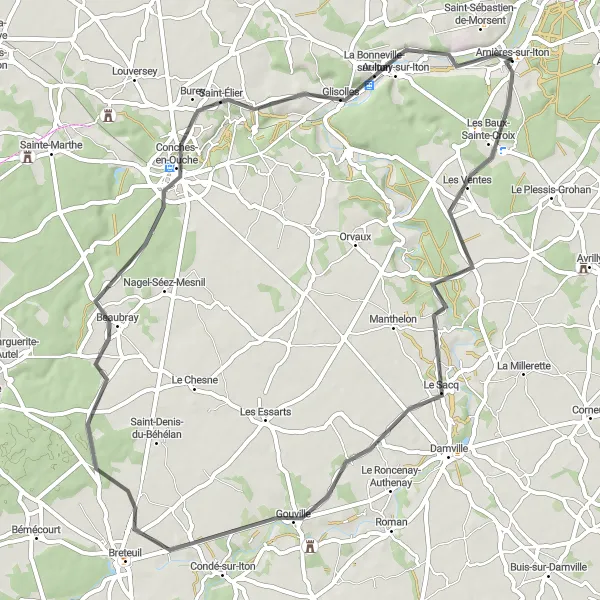 Miniature de la carte de l'inspiration cycliste "Le Tour de l'Eure" dans la Haute-Normandie, France. Générée par le planificateur d'itinéraire cycliste Tarmacs.app