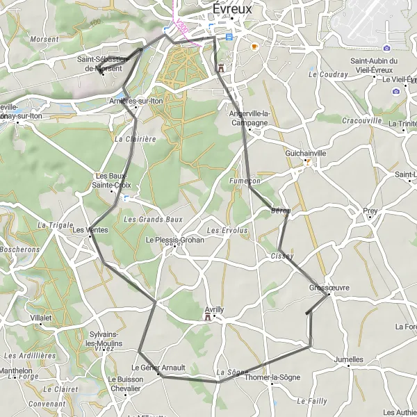 Miniature de la carte de l'inspiration cycliste "Tour de la campagne normande" dans la Haute-Normandie, France. Générée par le planificateur d'itinéraire cycliste Tarmacs.app