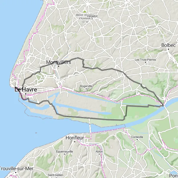 Miniature de la carte de l'inspiration cycliste "Montivilliers - Tancarville - Le Havre" dans la Haute-Normandie, France. Générée par le planificateur d'itinéraire cycliste Tarmacs.app