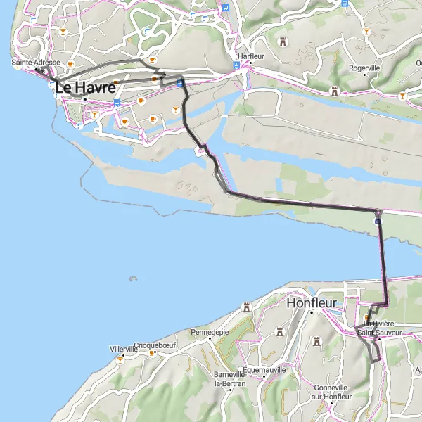 Miniature de la carte de l'inspiration cycliste "Sanvic - Graville - La Rivière-Saint-Sauveur" dans la Haute-Normandie, France. Générée par le planificateur d'itinéraire cycliste Tarmacs.app