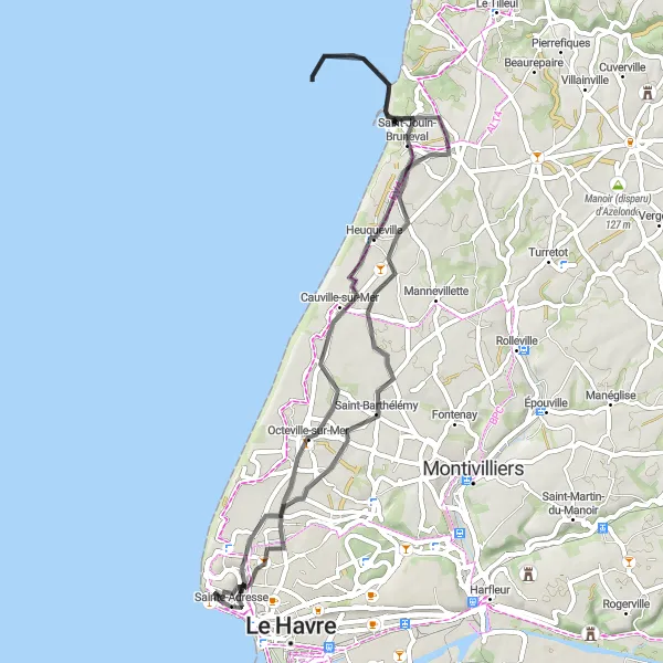 Map miniature of "Coastal Adventure" cycling inspiration in Haute-Normandie, France. Generated by Tarmacs.app cycling route planner
