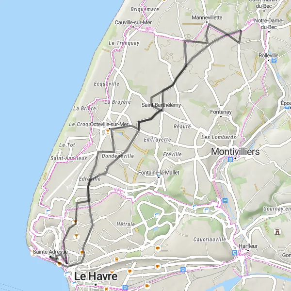 Miniature de la carte de l'inspiration cycliste "Le Havre et ses environs" dans la Haute-Normandie, France. Générée par le planificateur d'itinéraire cycliste Tarmacs.app