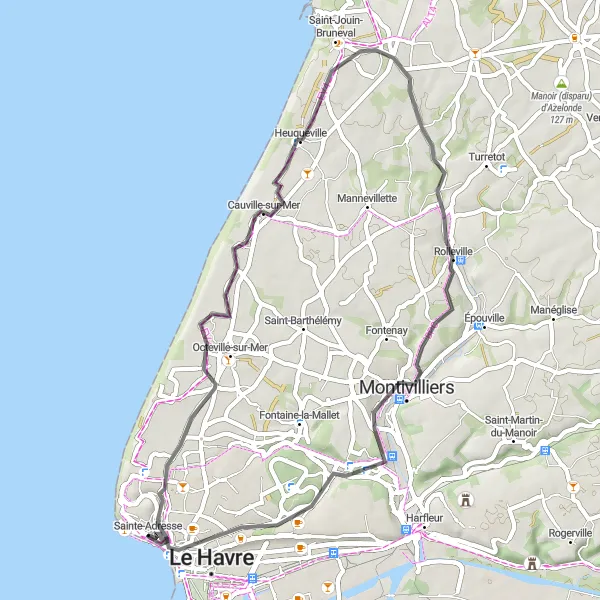 Miniature de la carte de l'inspiration cycliste "Escapade côtière normande" dans la Haute-Normandie, France. Générée par le planificateur d'itinéraire cycliste Tarmacs.app