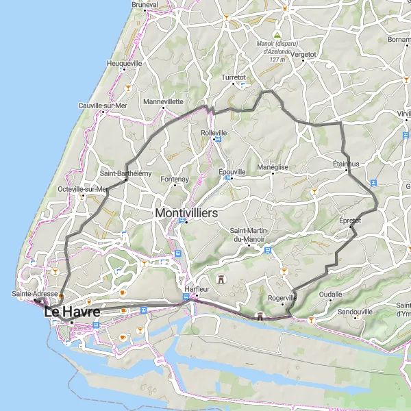 Map miniature of "The Auguste Perret Road" cycling inspiration in Haute-Normandie, France. Generated by Tarmacs.app cycling route planner