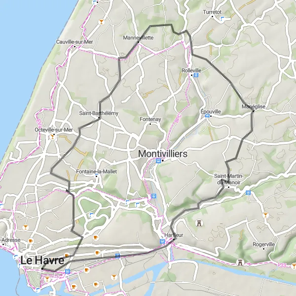 Miniature de la carte de l'inspiration cycliste "Le Havre et ses alentours" dans la Haute-Normandie, France. Générée par le planificateur d'itinéraire cycliste Tarmacs.app