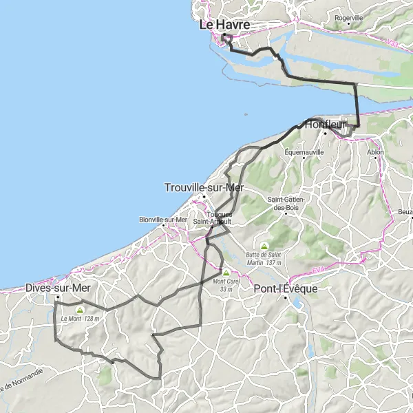Miniature de la carte de l'inspiration cycliste "Le Havre - Touques - Honfleur - Saint-François" dans la Haute-Normandie, France. Générée par le planificateur d'itinéraire cycliste Tarmacs.app