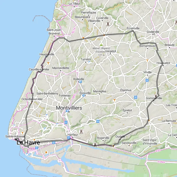 Miniature de la carte de l'inspiration cycliste "Parcours des Falaises Normandes" dans la Haute-Normandie, France. Générée par le planificateur d'itinéraire cycliste Tarmacs.app