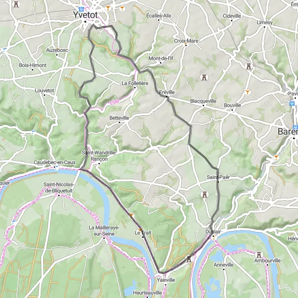 Map miniature of "Scenic Route through Seine-Maritime" cycling inspiration in Haute-Normandie, France. Generated by Tarmacs.app cycling route planner