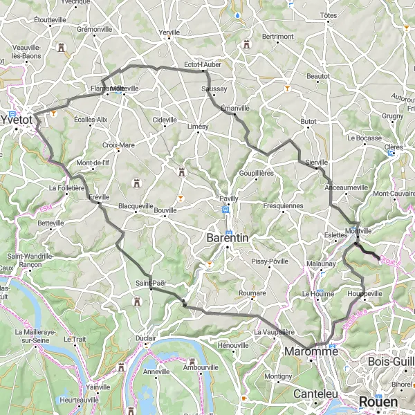 Map miniature of "Valley Discovery" cycling inspiration in Haute-Normandie, France. Generated by Tarmacs.app cycling route planner