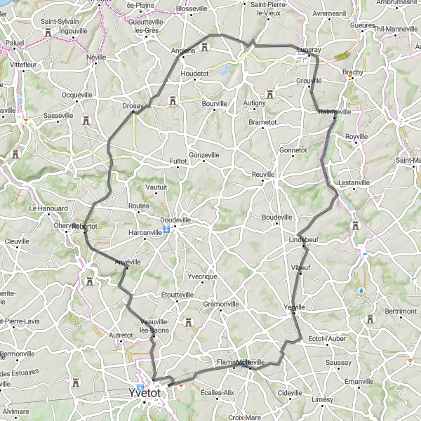 Map miniature of "Normandy Countryside and Coastal Charm" cycling inspiration in Haute-Normandie, France. Generated by Tarmacs.app cycling route planner