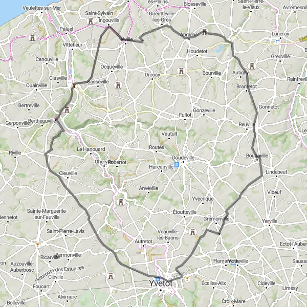 Miniature de la carte de l'inspiration cycliste "Boucle des Vallons de Caux" dans la Haute-Normandie, France. Générée par le planificateur d'itinéraire cycliste Tarmacs.app