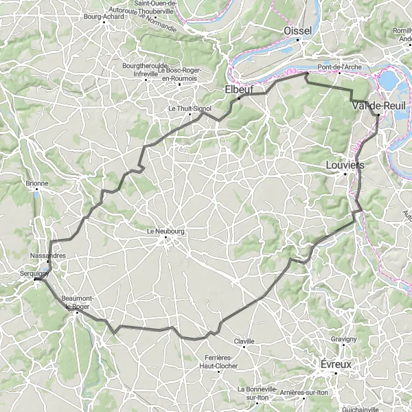 Miniature de la carte de l'inspiration cycliste "Parcours des Boucles de l'Iton" dans la Haute-Normandie, France. Générée par le planificateur d'itinéraire cycliste Tarmacs.app
