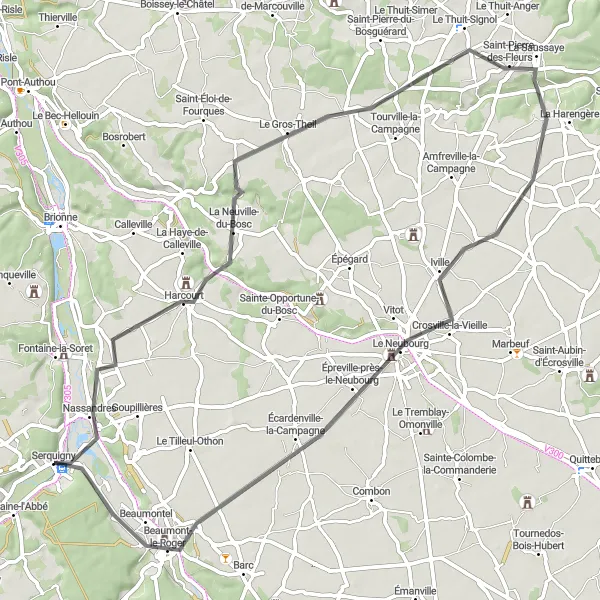 Miniature de la carte de l'inspiration cycliste "Boucle Vers Le Neubourg" dans la Haute-Normandie, France. Générée par le planificateur d'itinéraire cycliste Tarmacs.app