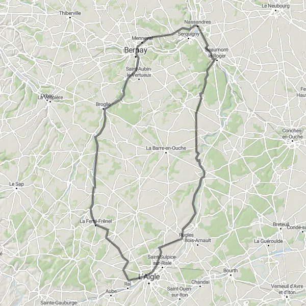 Miniature de la carte de l'inspiration cycliste "Boucle à vélo à travers les collines normandes" dans la Haute-Normandie, France. Générée par le planificateur d'itinéraire cycliste Tarmacs.app
