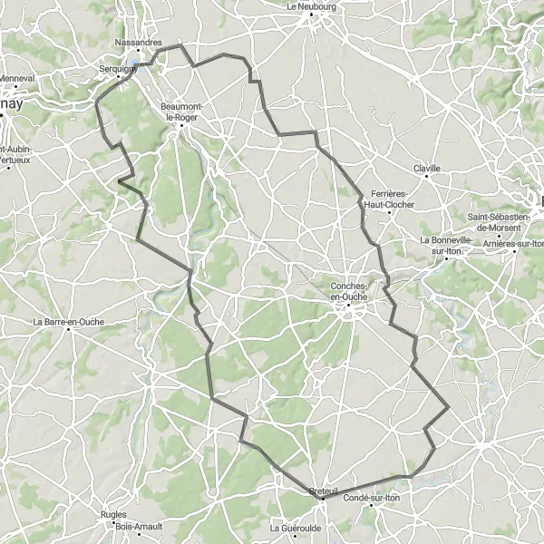 Miniature de la carte de l'inspiration cycliste "Parcours à travers la campagne normande" dans la Haute-Normandie, France. Générée par le planificateur d'itinéraire cycliste Tarmacs.app