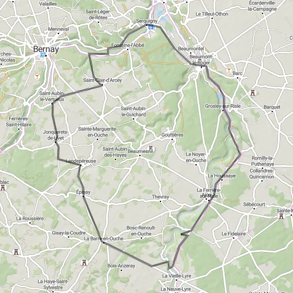 Miniature de la carte de l'inspiration cycliste "Circuit autour de Serquigny" dans la Haute-Normandie, France. Générée par le planificateur d'itinéraire cycliste Tarmacs.app