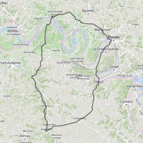 Miniature de la carte de l'inspiration cycliste "Route des Vallées de l'Eure et de la Risle" dans la Haute-Normandie, France. Générée par le planificateur d'itinéraire cycliste Tarmacs.app