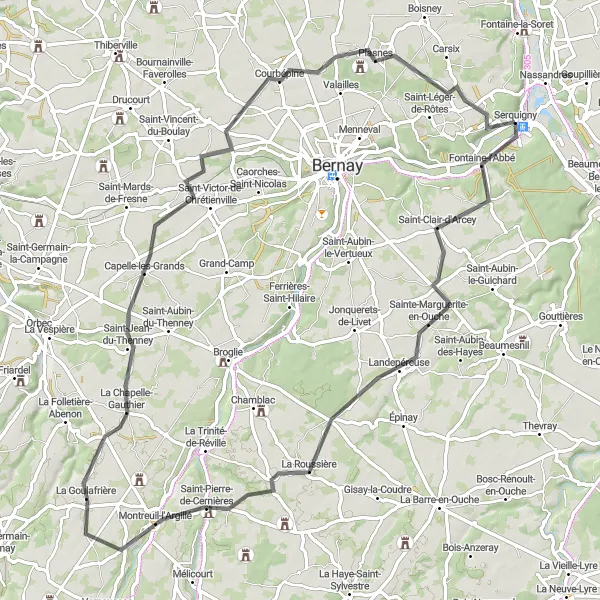 Miniature de la carte de l'inspiration cycliste "Escapade à vélo à travers les villages normands" dans la Haute-Normandie, France. Générée par le planificateur d'itinéraire cycliste Tarmacs.app