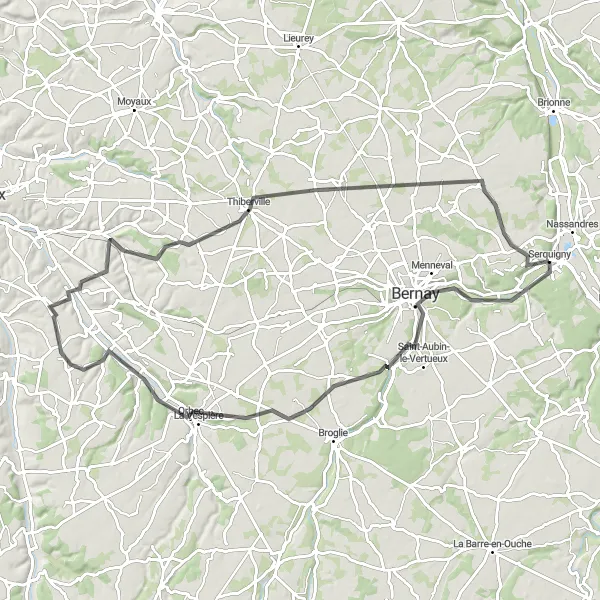 Miniature de la carte de l'inspiration cycliste "Circuit des Collines de l'Eure" dans la Haute-Normandie, France. Générée par le planificateur d'itinéraire cycliste Tarmacs.app