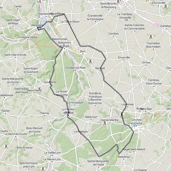 Miniature de la carte de l'inspiration cycliste "Boucle entre Serquigny et Beaumont-le-Roger" dans la Haute-Normandie, France. Générée par le planificateur d'itinéraire cycliste Tarmacs.app