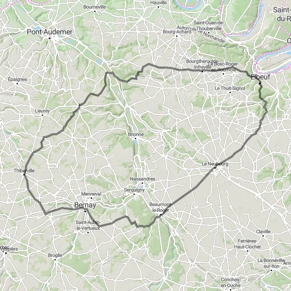 Map miniature of "Thiberville to Épreville-en-Lieuvin and back" cycling inspiration in Haute-Normandie, France. Generated by Tarmacs.app cycling route planner