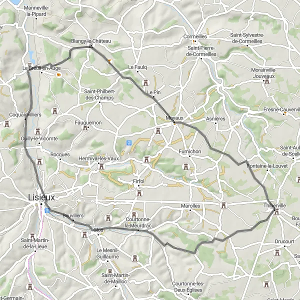 Map miniature of "Thiberville to Cordebugle and back" cycling inspiration in Haute-Normandie, France. Generated by Tarmacs.app cycling route planner