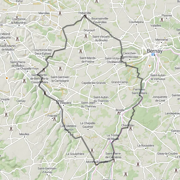 Map miniature of "Thiberville to Caorches-Saint-Nicolas and back" cycling inspiration in Haute-Normandie, France. Generated by Tarmacs.app cycling route planner