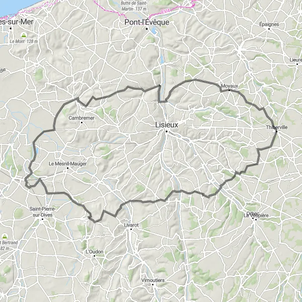 Miniature de la carte de l'inspiration cycliste "Boucle de Thiberville" dans la Haute-Normandie, France. Générée par le planificateur d'itinéraire cycliste Tarmacs.app