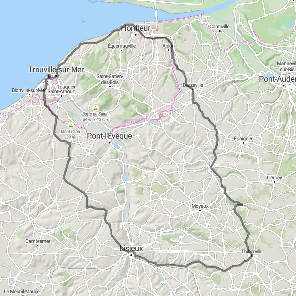 Miniature de la carte de l'inspiration cycliste "Parcours des Pavements" dans la Haute-Normandie, France. Générée par le planificateur d'itinéraire cycliste Tarmacs.app