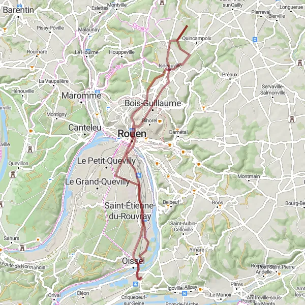 Map miniature of "Gravel Adventure around Tourville-la-Rivière" cycling inspiration in Haute-Normandie, France. Generated by Tarmacs.app cycling route planner