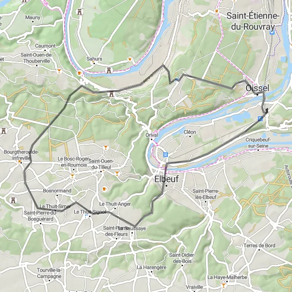 Miniature de la carte de l'inspiration cycliste "Boucle à vélo de la Vallée de la Seine" dans la Haute-Normandie, France. Générée par le planificateur d'itinéraire cycliste Tarmacs.app