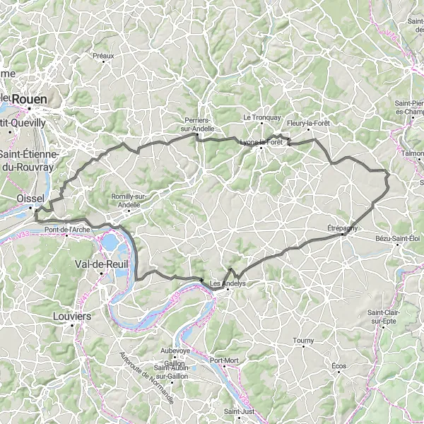 Miniature de la carte de l'inspiration cycliste "Grande Boucle des Vallées de l'Eure" dans la Haute-Normandie, France. Générée par le planificateur d'itinéraire cycliste Tarmacs.app