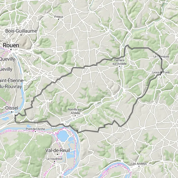 Miniature de la carte de l'inspiration cycliste "Tour dans les Vallées Normandes" dans la Haute-Normandie, France. Générée par le planificateur d'itinéraire cycliste Tarmacs.app
