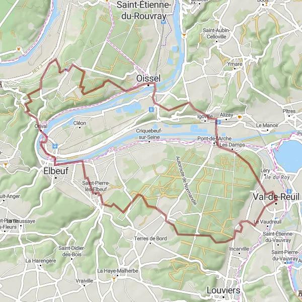 Map miniature of "Scenic Gravel Adventure around Val-de-Reuil" cycling inspiration in Haute-Normandie, France. Generated by Tarmacs.app cycling route planner