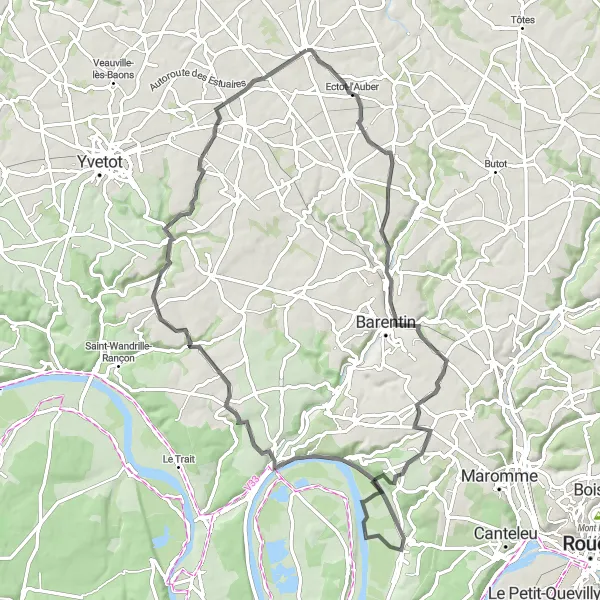 Miniature de la carte de l'inspiration cycliste "La Route des Abbayes" dans la Haute-Normandie, France. Générée par le planificateur d'itinéraire cycliste Tarmacs.app