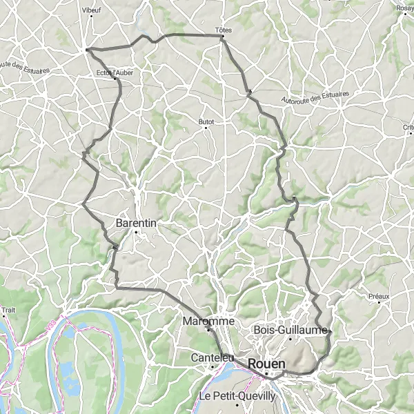 Miniature de la carte de l'inspiration cycliste "Panorama sur la Vallée de la Seine" dans la Haute-Normandie, France. Générée par le planificateur d'itinéraire cycliste Tarmacs.app