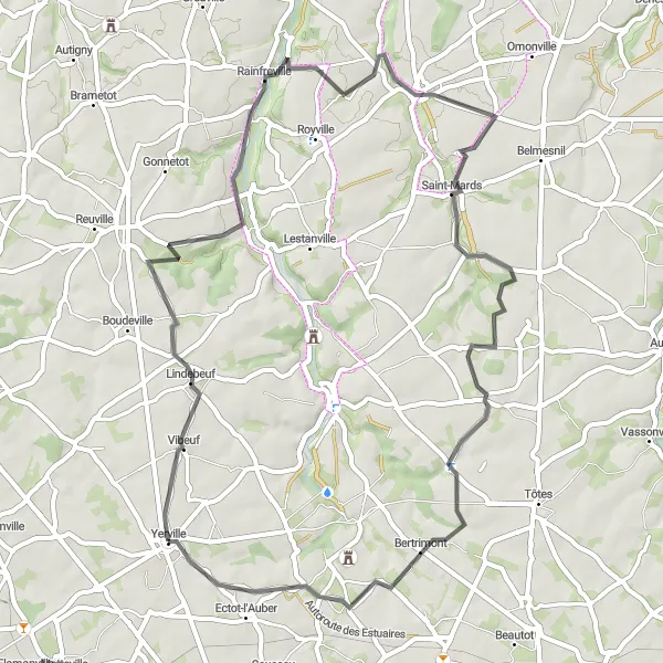 Miniature de la carte de l'inspiration cycliste "Bucolique en Pays de Caux" dans la Haute-Normandie, France. Générée par le planificateur d'itinéraire cycliste Tarmacs.app