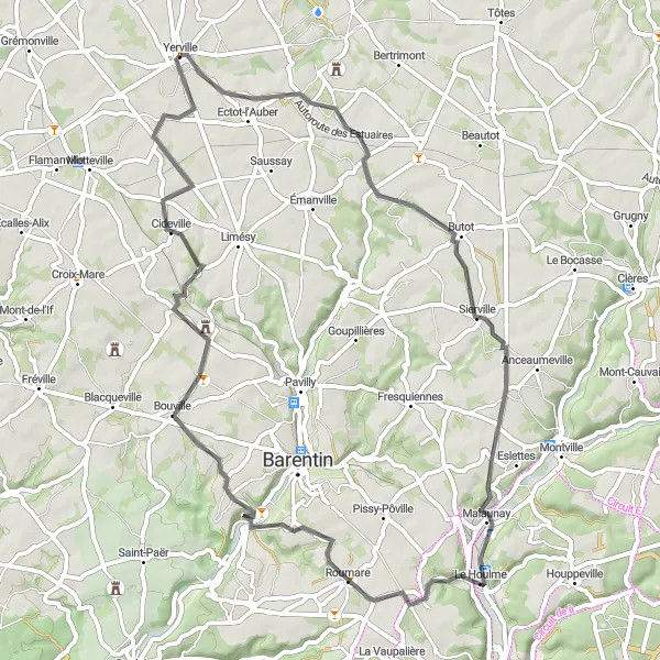 Miniature de la carte de l'inspiration cycliste "Parcours pittoresque autour de Yerville" dans la Haute-Normandie, France. Générée par le planificateur d'itinéraire cycliste Tarmacs.app