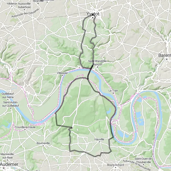 Miniature de la carte de l'inspiration cycliste "Les Boucles de la Seine" dans la Haute-Normandie, France. Générée par le planificateur d'itinéraire cycliste Tarmacs.app