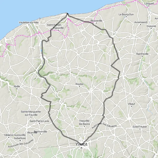 Miniature de la carte de l'inspiration cycliste "Les Vallées de la Caux" dans la Haute-Normandie, France. Générée par le planificateur d'itinéraire cycliste Tarmacs.app
